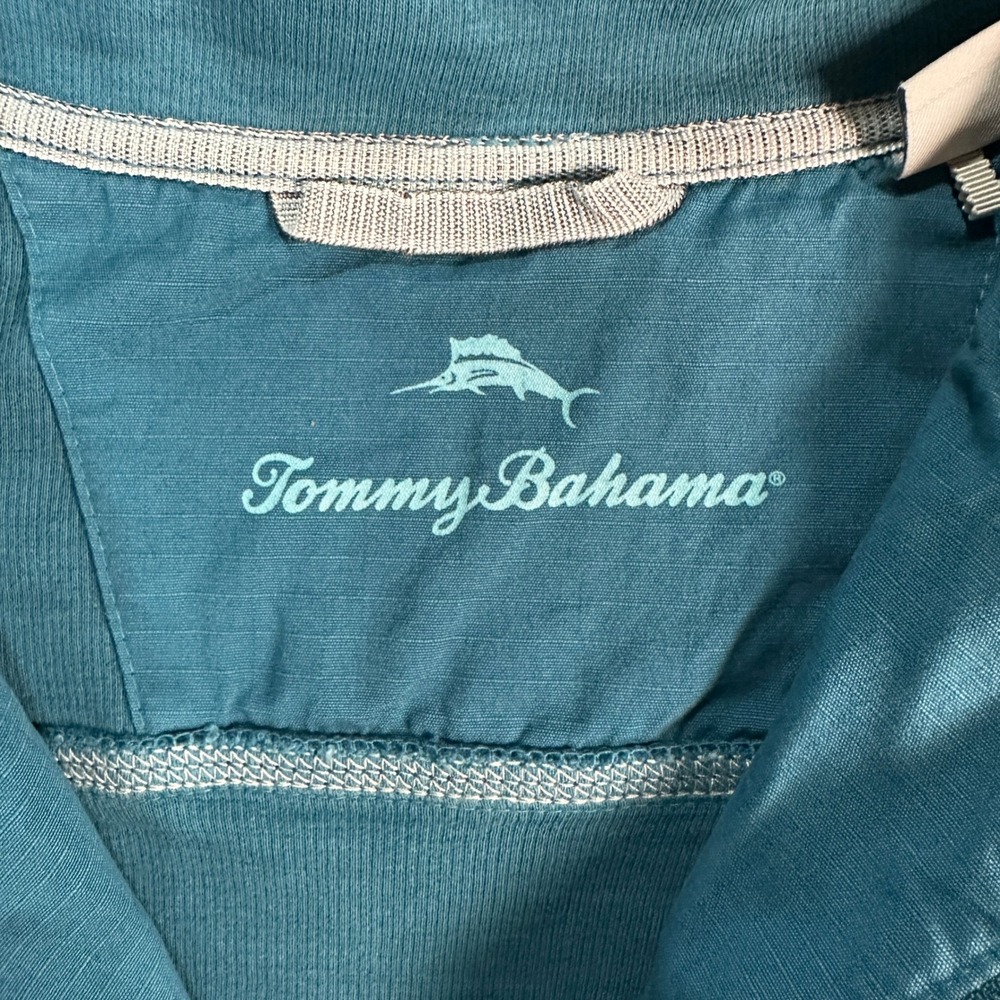 Tommy Bahama Men's 1/4 Zip Pullover Teal Blue Slub Knit Marlin Logo Size Medium - Picture 2 of 9